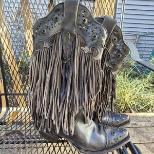 Corral Vintage Black/Dark Brown Leather Fringe & Studded Boots Ladies Size 9